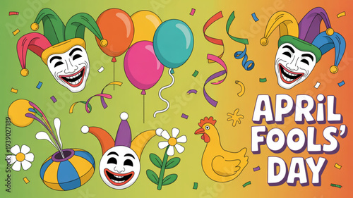 April fools' day festive illustration with jester hats balloons and confetti on colorful background