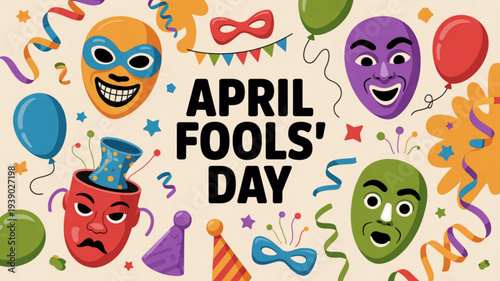 Vibrant april fools' day illustration with colorful comedy tragedy masks balloons streamers
