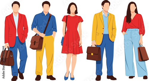 Diverse young professionals group in colorful blazers dresses shirts pants with briefcases standing together flat vector fashion illustration isolated on white