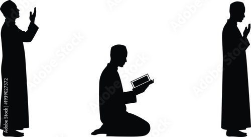 Silhouette collection of a Muslim man praying and reading the Holy Quran, featuring various Islamic worship positions and prayer postures on white background.