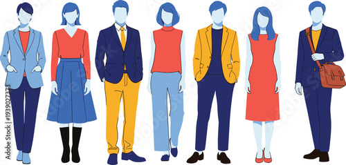 Diverse young professionals group in colorful blazers dresses shirts pants standing together flat vector illustration modern business casual fashion isolated on white
