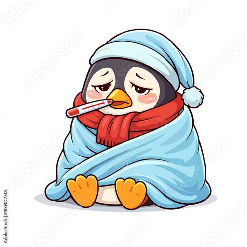 Cute penguin cartoon with thermometer wrapped in blanket and scarf showing sickness, ill animal character illustration, cold, flu, fever, winter health concept