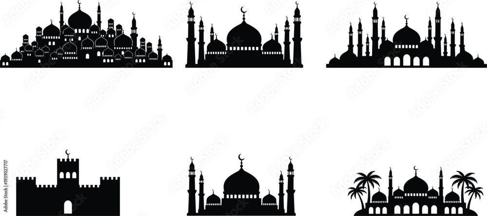 Obraz premium Islamic Mosque Silhouette Illustration Set with Domes and Minarets Black Vector Art for Ramadan Kareem Eid Mubarak Muslim Architecture Design Elements on White Background