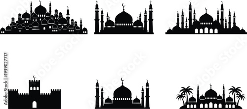 Islamic Mosque Silhouette Illustration Set with Domes and Minarets Black Vector Art for Ramadan Kareem Eid Mubarak Muslim Architecture Design Elements on White Background