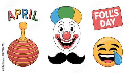 April fools' day icons with clown face emoji spinning top and mustache on white background