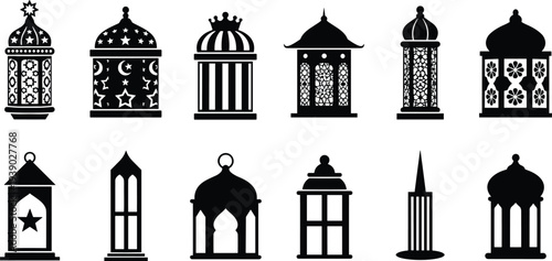 Traditional Arabic Lantern Silhouettes Set Featuring Intricate Islamic Geometric Patterns and Ramadan Kareem Decoration Elements for Festive Middle Eastern Greeting Card Design Background