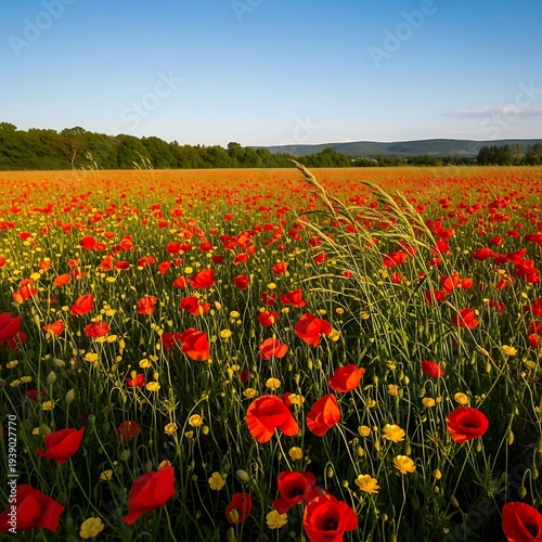 Vibrant poppy field on a sunny day.