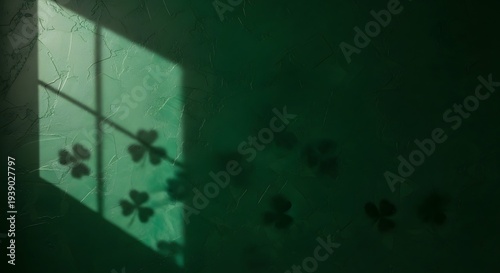 Window frame and clover shadows on green textured plaster wall for saint patrick day background featuring natural spring sunlight and dark emerald leaf shapes for festive holiday copy space design