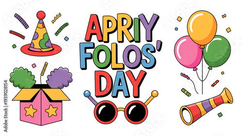 Colorful april fools' day icons with party hat balloons and confetti on white background