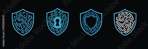 Secure Shield, Fingerprint and Lock Vector Icons – Digital Privacy, Data Protection, Cybersecurity and Network Safety Symbols Featuring Shields, Thumbprint Scan, Padlock and Keyhole for Modern Technol