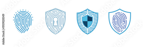 Secure Shield, Fingerprint and Lock Vector Icons – Digital Privacy, Data Protection, Cybersecurity and Network Safety Symbols Featuring Shields, Thumbprint Scan, Padlock and Keyhole for Modern Technol
