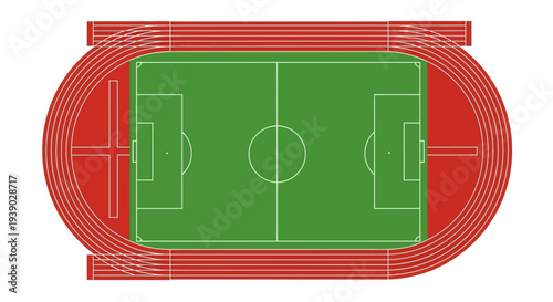 Overhead view of a sports stadium with a soccer field and running track, ready for competition and athletic events