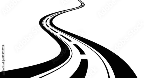 A curved, black and white illustration of a winding road stretching into the distance, symbolizing a journey or path forward