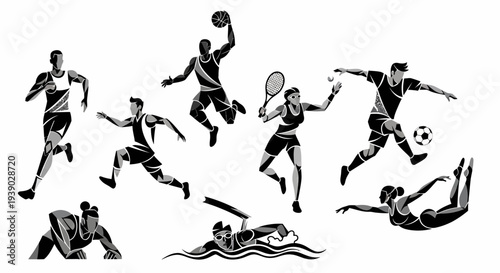 Diverse group of athletes engaged in various sports activities including running, basketball, soccer, swimming, and tennis, depicted in a graphic illustration style