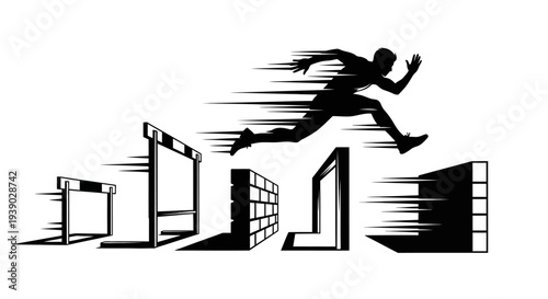 An athlete in silhouette leaps over hurdles in a dynamic depiction of speed and determination, symbolizing achievement and overcoming obstacles