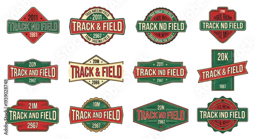 Collection of Track and Field themed badges and emblems for sports events and athletic competitions