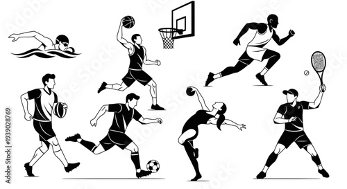 Diverse group of athletes in action performing various sports activities like basketball, soccer, tennis, and swimming