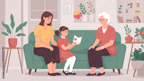 Three generations of women sitting together on a green sofa in a cozy living room with plants and decorations sharing a moment with a child holding a letter