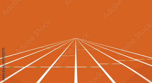 Perspective view of an empty running track with lanes marked by white lines on an orange background, creating a sense of anticipation and readiness for athletic competition