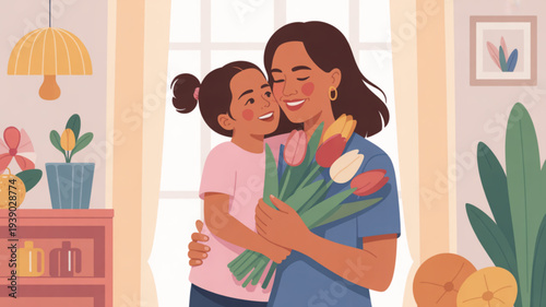 Woman and young girl embracing warmly in a cozy living room with a bouquet of colorful flowers