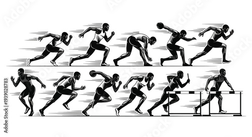 Athletic Male Runner in Motion Sequence, Capturing Sprinting and Hurdle Jump Dynamics