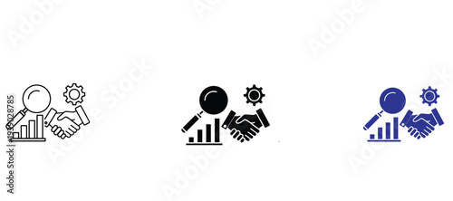  Business Strategy and Partnership Analysis Icon Set - Handshake with Gear, Growth Chart, and Magnifying Glass - Vector Illustration for Operational Success, Market Research, and Deal Auditing