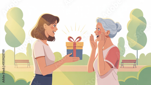 Young woman giving a wrapped gift to an elderly woman in a serene park setting with trees and benches