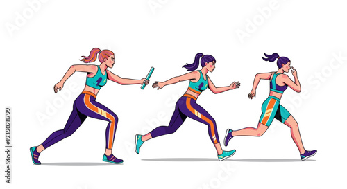 A female relay race team of athletes passing a baton during a sprint, symbolizing teamwork and speed in a sporting event