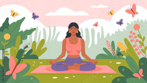 Woman meditating in serene garden surrounded by lush greenery and colorful butterflies peaceful atmosphere lotus position yoga practice outdoor relaxation natural harmony