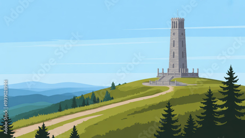 Tall monument standing on green hill with trees and winding road in scenic landscape under clear blue sky