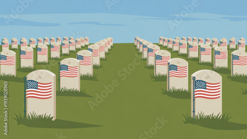 Patriotic american military cemetery with flags on graves