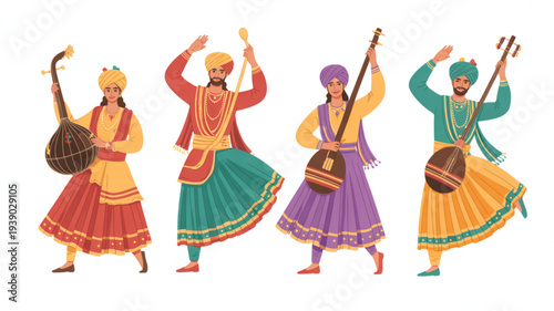 Four men in traditional indian attire dancing with musical instruments colorful outfits and turbans lively bhangra performance
