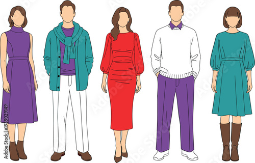 Fashion illustration of diverse men and women in colorful coordinated outfits, purple teal red dresses sweaters pants scarves, modern stylish flat design vector