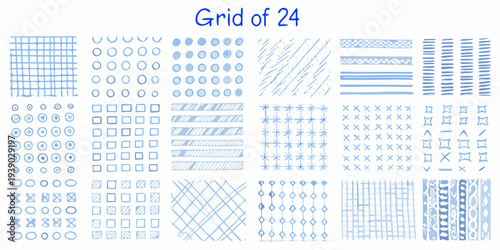 Collection of twenty four hand drawn blue doodle patterns arranged in a grid