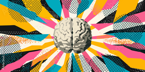 A human brain is centered within an explosion of colorful abstract patterns