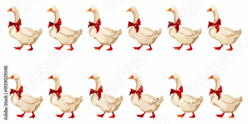 A row of white geese each wearing a festive red bow around their necks