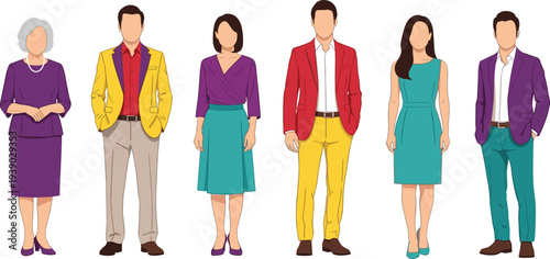 Fashion vector illustration diverse group men women colorful blazers dresses suits purple yellow red teal outfits modern flat design style