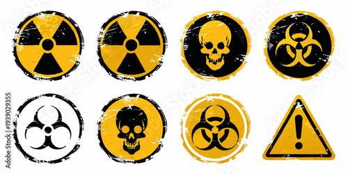 Collection of warning signs radiation biohazard and skull symbols