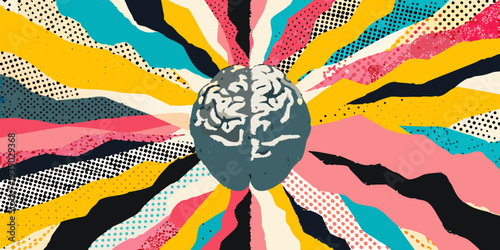 A grey brain is centered within an explosion of colorful abstract patterns