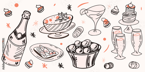A celebratory collection of hand drawn food and drink illustrations