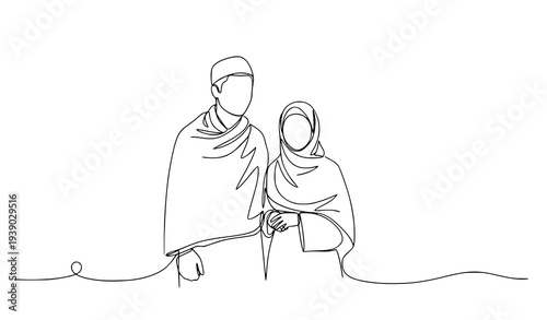 Continuous one line drawing Muslim couple wearing Ihram for Hajj pilgrimage vector illustration