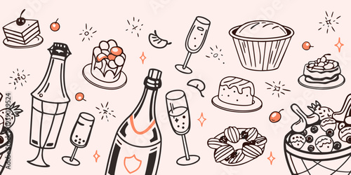 A delightful collection of hand drawn desserts champagne and celebratory elements