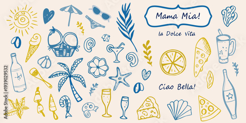 Colorful hand drawn illustration of italian summer vacation elements