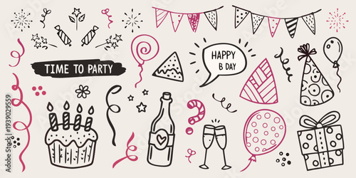 Colorful hand drawn birthday party elements and festive celebratory doodles