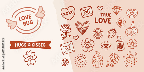 Collection of hand drawn love and affection themed doodle illustrations