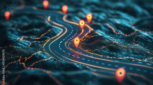 empty winding road with business infographic style markers, goal mapping and timeline planning concept