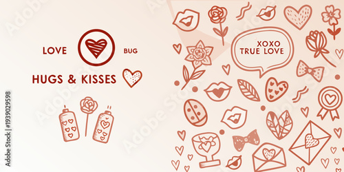 Romantic illustration featuring hearts flowers and affectionate messaging