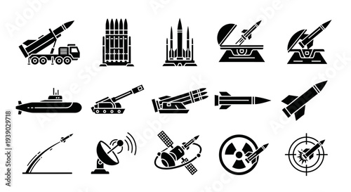 Military Weapons and Defense Technology Outline Icons Set, War Artillery Equipment on Isolated White Background.