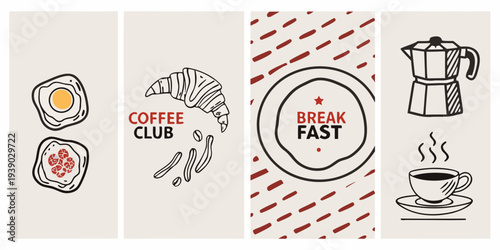 Breakfast and coffee themed illustrations arranged in a vertical triptych