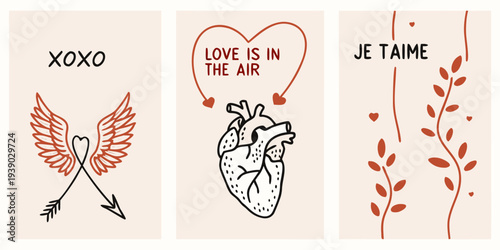 Three panels displaying love themed illustrations and romantic french phrases